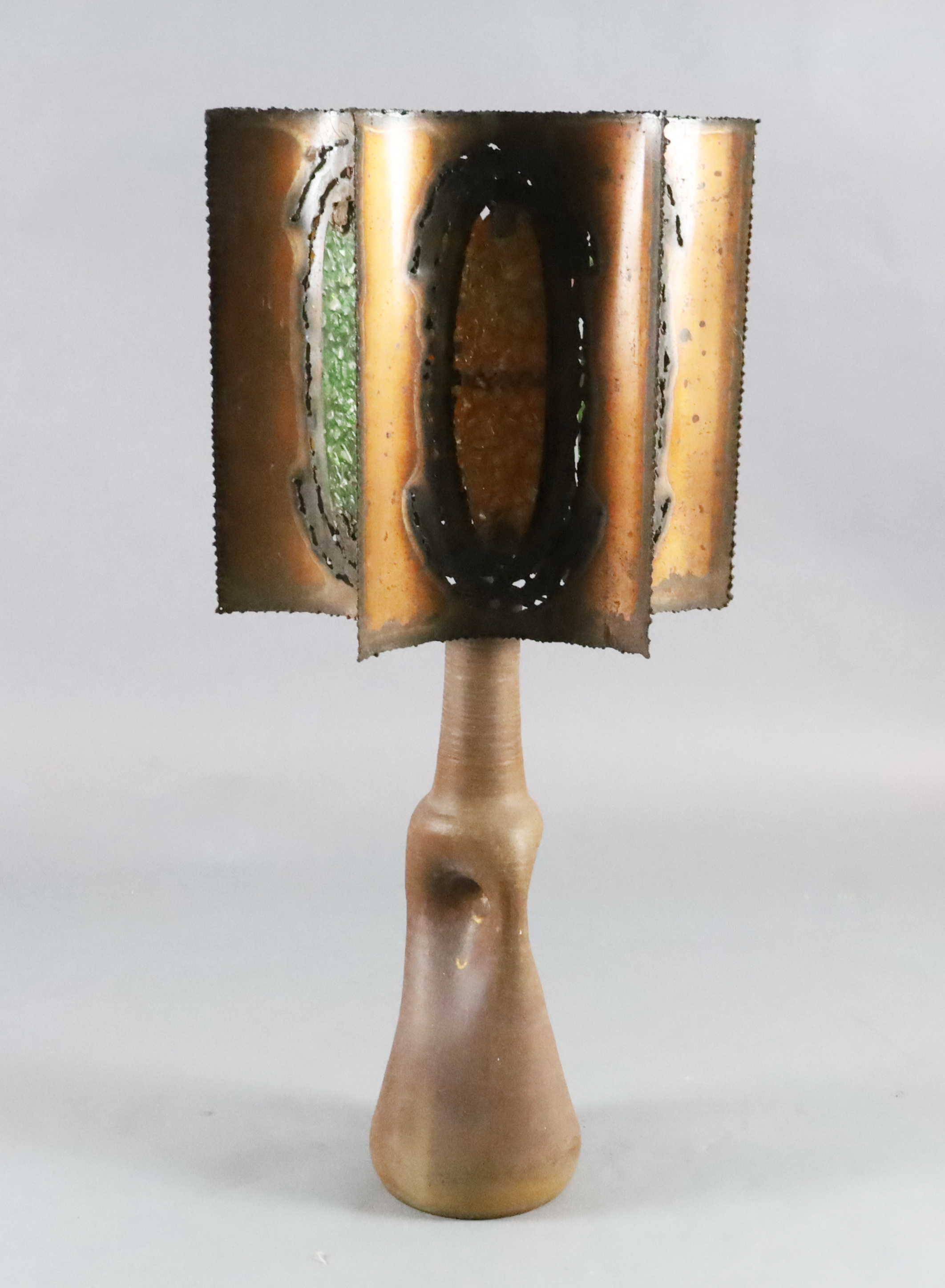 A French Accolay pottery copper and glass shard table lamp, c.1970, H.40in. Diam.21in.